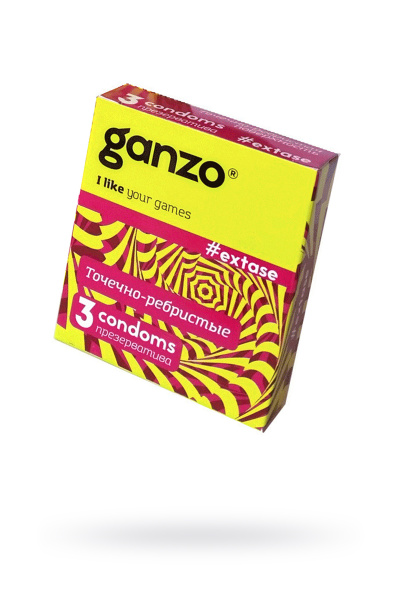 Презервативы Ganzo №3, extase, латекс, точечные, ребристые, анатомичные, 18 см, 5,2 см.